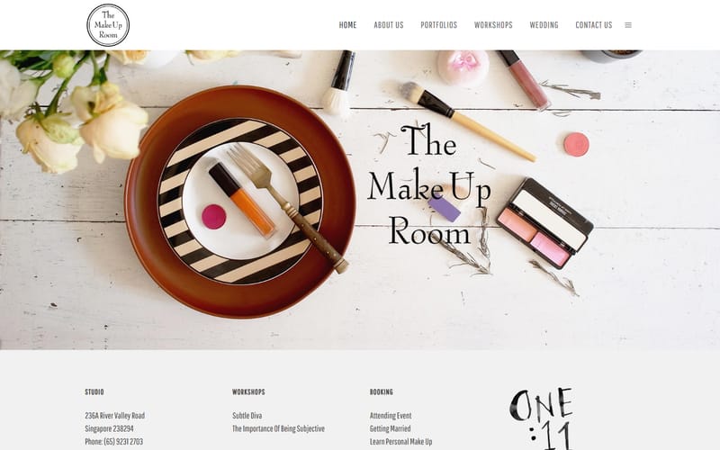 The Make Up Room's 2019 homepage: a flat lay hero and three text columns with mailto booking links