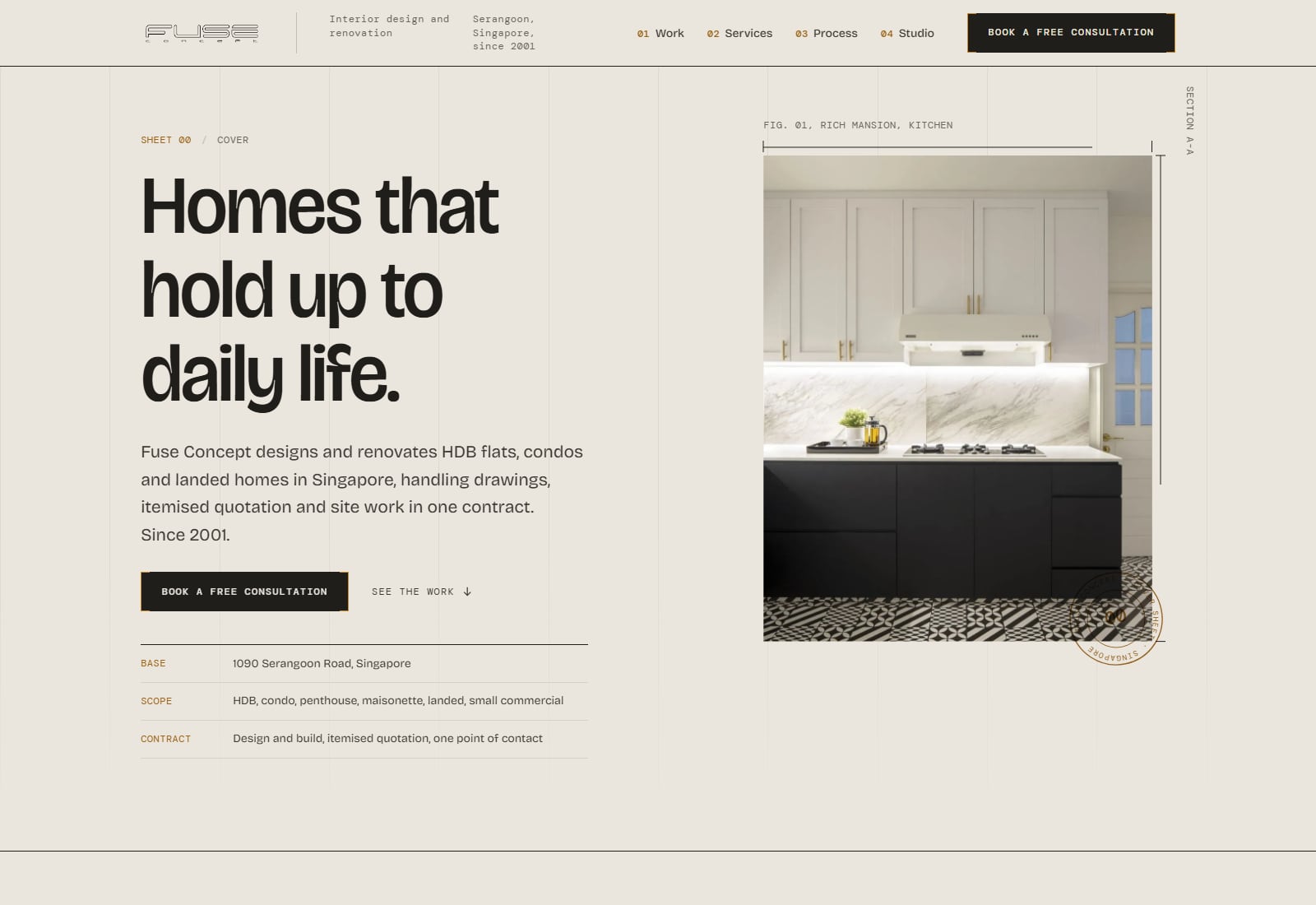 Fuse Concept rebuilt: headline beside a framed kitchen photo with drawn dimension marks