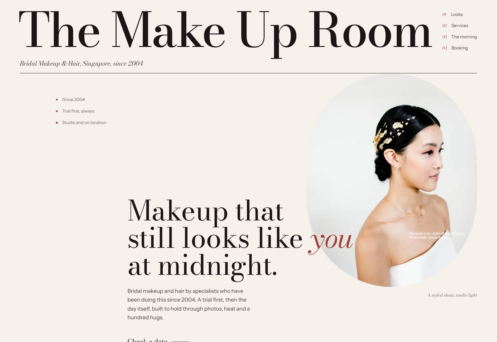 The Make Up Room rebuilt: portrait hero with a bridal beauty headline