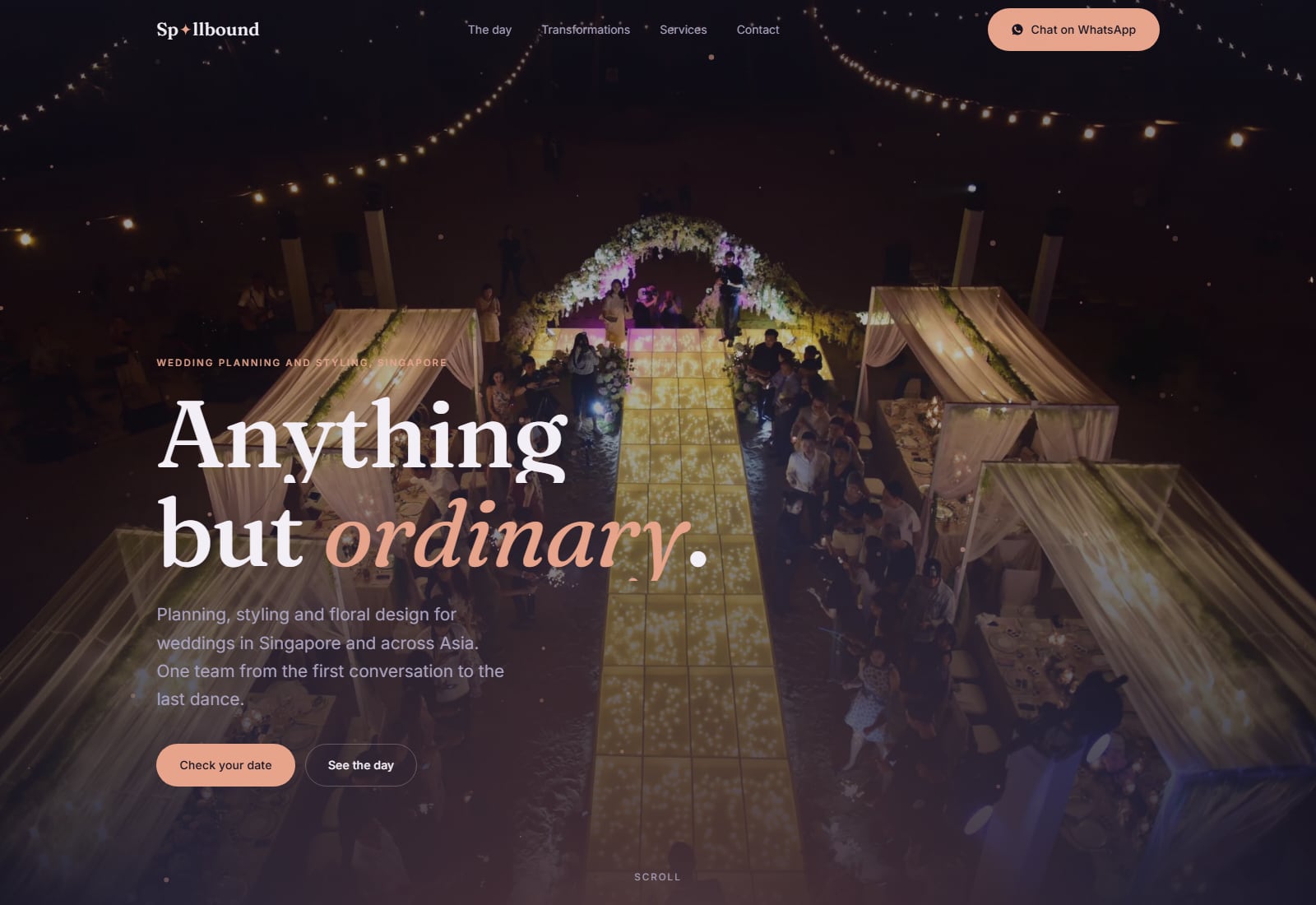 Spellbound Weddings rebuilt: a full bleed candlelit aisle hero with the day story below